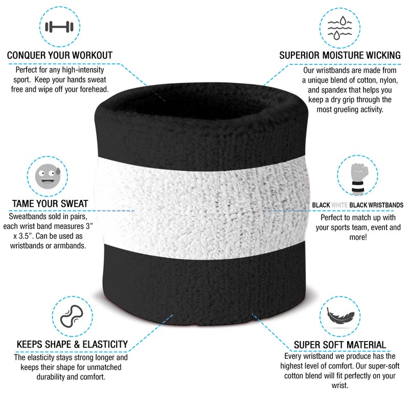 Suddora Striped Sweatband Set, Moisture Wicking 2 Wristbands and 1 Headband, Breathable Athletic Sweat Bands for Sports, Costumes & Cosplay, Matching Bands to Wear with Jersey, Black White Black - Image 3
